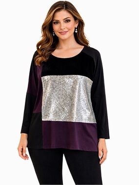 Calvin Klein BlackPurple Shimmer Silver Colorblock Long Dolman Sleeve Top